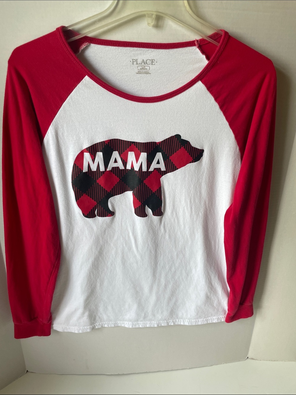 The Place Red & White Buffalo Plaid 'Mama' Bear Raglan Tee Women's Size  Large